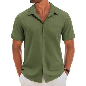 imageCOOFANDY Mens Short Sleeve Button Down Shirt Casual Linen Shirts Summer Beach Vacation Shirt with PocketArmy Green
