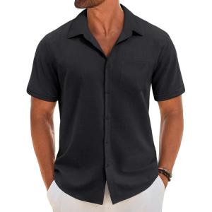 imageCOOFANDY Mens Short Sleeve Button Down Shirt Casual Linen Shirts Summer Beach Vacation Shirt with PocketBlack
