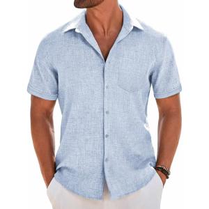 imageCOOFANDY Mens Short Sleeve Button Down Shirt Casual Linen Shirts Summer Beach Vacation Shirt with PocketBlue