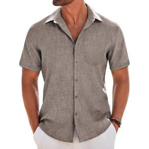 imageCOOFANDY Mens Short Sleeve Button Down Shirt Casual Linen Shirts Summer Beach Vacation Shirt with PocketBrown