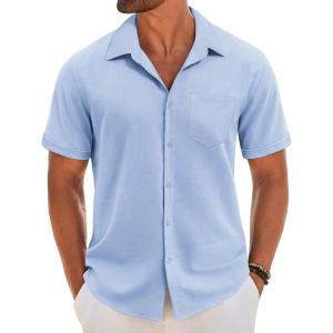 imageCOOFANDY Mens Short Sleeve Button Down Shirt Casual Linen Shirts Summer Beach Vacation Shirt with PocketClear Blue