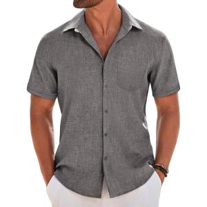 imageCOOFANDY Mens Short Sleeve Button Down Shirt Casual Linen Shirts Summer Beach Vacation Shirt with PocketDark Grey