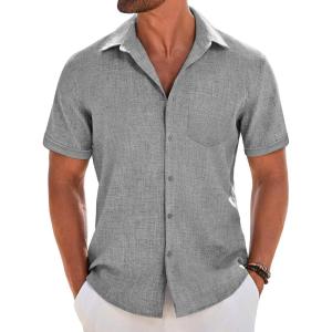 imageCOOFANDY Mens Short Sleeve Button Down Shirt Casual Linen Shirts Summer Beach Vacation Shirt with PocketGrey