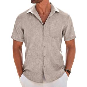 imageCOOFANDY Mens Short Sleeve Button Down Shirt Casual Linen Shirts Summer Beach Vacation Shirt with PocketKhaki