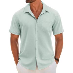 imageCOOFANDY Mens Short Sleeve Button Down Shirt Casual Linen Shirts Summer Beach Vacation Shirt with PocketLeaf