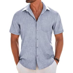 imageCOOFANDY Mens Short Sleeve Button Down Shirt Casual Linen Shirts Summer Beach Vacation Shirt with PocketLight Denim Blue