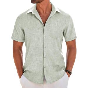 imageCOOFANDY Mens Short Sleeve Button Down Shirt Casual Linen Shirts Summer Beach Vacation Shirt with PocketLight Green