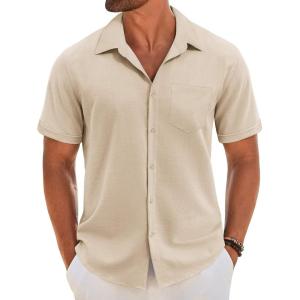 imageCOOFANDY Mens Short Sleeve Button Down Shirt Casual Linen Shirts Summer Beach Vacation Shirt with PocketLight Khaki