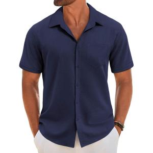 imageCOOFANDY Mens Short Sleeve Button Down Shirt Casual Linen Shirts Summer Beach Vacation Shirt with PocketNavy Blue