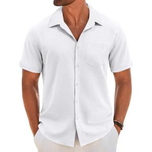 imageCOOFANDY Mens Short Sleeve Button Down Shirt Casual Linen Shirts Summer Beach Vacation Shirt with PocketWhite
