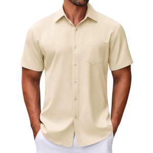 imageCOOFANDY Mens Short Sleeve Button Down Shirt Wrinkle Free Dress Shirts Casual Summer Untucked ShirtBeige