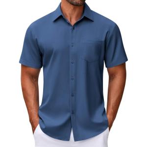 imageCOOFANDY Mens Short Sleeve Button Down Shirt Wrinkle Free Dress Shirts Casual Summer Untucked ShirtDeep Blue
