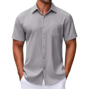 imageCOOFANDY Mens Short Sleeve Button Down Shirt Wrinkle Free Dress Shirts Casual Summer Untucked ShirtLight Grey