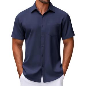 imageCOOFANDY Mens Short Sleeve Button Down Shirt Wrinkle Free Dress Shirts Casual Summer Untucked ShirtNavy Blue