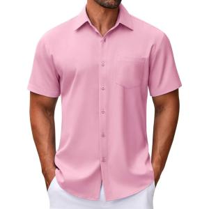 imageCOOFANDY Mens Short Sleeve Button Down Shirt Wrinkle Free Dress Shirts Casual Summer Untucked ShirtPink