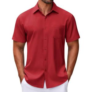 imageCOOFANDY Mens Short Sleeve Button Down Shirt Wrinkle Free Dress Shirts Casual Summer Untucked ShirtRed