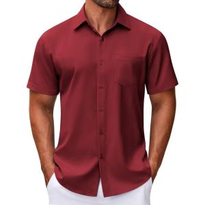 imageCOOFANDY Mens Short Sleeve Button Down Shirt Wrinkle Free Dress Shirts Casual Summer Untucked ShirtWine Red