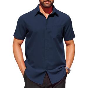 imageCOOFANDY Mens Short Sleeve Dress Shirts Wrinkle Free Button Down Shirts Stain Shield Shirts with PocketNavy Blue