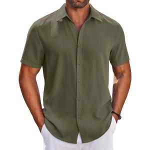 imageCOOFANDY Mens Button Down Shirts Short Sleeve Casual Shirt Summer Beach Wedding ShirtsArmy Green