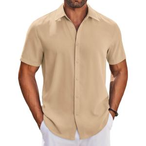 imageCOOFANDY Mens Button Down Shirts Short Sleeve Casual Shirt Summer Beach Wedding ShirtsLight Khaki