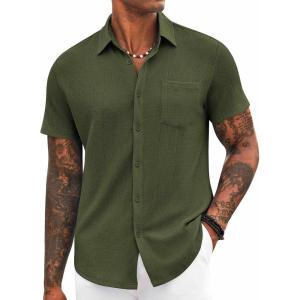 imageCOOFANDY Mens Casual Button Down Shirt Short Sleeve Textured Shirt Summer Beach Vacation Shirts with PocketArmy Green