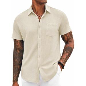 imageCOOFANDY Mens Casual Button Down Shirt Short Sleeve Textured Shirt Summer Beach Vacation Shirts with PocketBeige