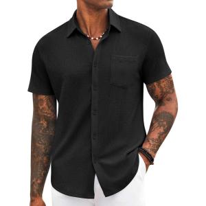 imageCOOFANDY Mens Casual Button Down Shirt Short Sleeve Textured Shirt Summer Beach Vacation Shirts with PocketBlack