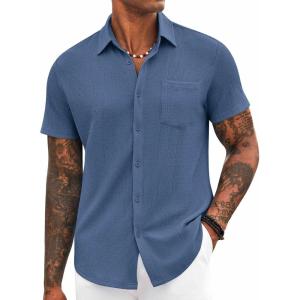 imageCOOFANDY Mens Casual Button Down Shirt Short Sleeve Textured Shirt Summer Beach Vacation Shirts with PocketDenim Blue
