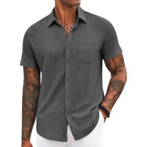 imageCOOFANDY Mens Casual Button Down Shirt Short Sleeve Textured Shirt Summer Beach Vacation Shirts with PocketGray