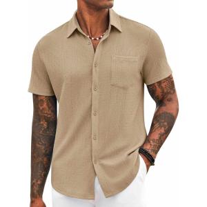 imageCOOFANDY Mens Casual Button Down Shirt Short Sleeve Textured Shirt Summer Beach Vacation Shirts with PocketKhaki