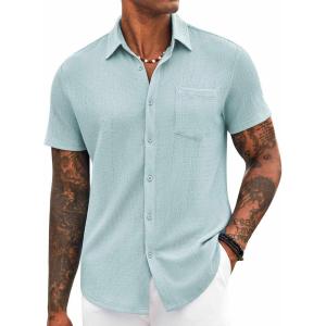 imageCOOFANDY Mens Casual Button Down Shirt Short Sleeve Textured Shirt Summer Beach Vacation Shirts with PocketLight Blue