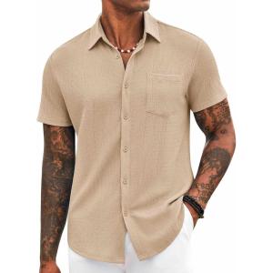 imageCOOFANDY Mens Casual Button Down Shirt Short Sleeve Textured Shirt Summer Beach Vacation Shirts with PocketLight Khaki
