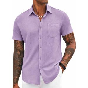 imageCOOFANDY Mens Casual Button Down Shirt Short Sleeve Textured Shirt Summer Beach Vacation Shirts with PocketLight Purple