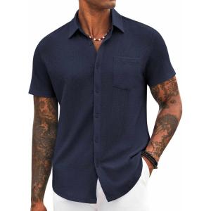 imageCOOFANDY Mens Casual Button Down Shirt Short Sleeve Textured Shirt Summer Beach Vacation Shirts with PocketNavy Blue