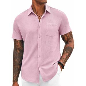 imageCOOFANDY Mens Casual Button Down Shirt Short Sleeve Textured Shirt Summer Beach Vacation Shirts with PocketPink