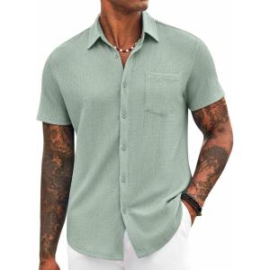 imageCOOFANDY Mens Casual Button Down Shirt Short Sleeve Textured Shirt Summer Beach Vacation Shirts with PocketSage Green