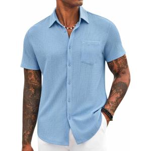 imageCOOFANDY Mens Casual Button Down Shirt Short Sleeve Textured Shirt Summer Beach Vacation Shirts with PocketSky Blue