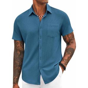 imageCOOFANDY Mens Casual Button Down Shirt Short Sleeve Textured Shirt Summer Beach Vacation Shirts with PocketTeal