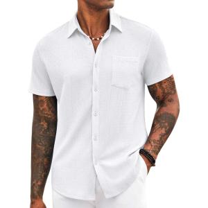 imageCOOFANDY Mens Casual Button Down Shirt Short Sleeve Textured Shirt Summer Beach Vacation Shirts with PocketWhite