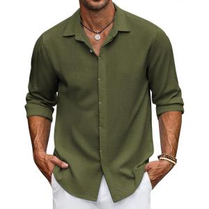 imageCOOFANDY Mens Casual Shirt Long Sleeve Casual Button Down Shirt for Men Summer Beach Wedding ShirtArmy Green