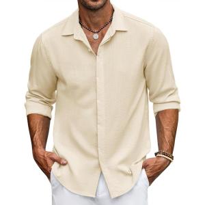 imageCOOFANDY Mens Casual Shirt Long Sleeve Casual Button Down Shirt for Men Summer Beach Wedding ShirtBeige