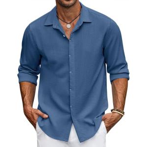 imageCOOFANDY Mens Casual Shirt Long Sleeve Casual Button Down Shirt for Men Summer Beach Wedding ShirtDenim Blue