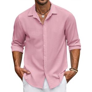 imageCOOFANDY Mens Casual Shirt Long Sleeve Casual Button Down Shirt for Men Summer Beach Wedding ShirtPink