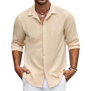 imageCOOFANDY Mens Casual Shirt Long Sleeve Casual Button Down Shirt for Men Summer Beach Wedding ShirtStone