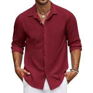 imageCOOFANDY Mens Casual Shirt Long Sleeve Casual Button Down Shirt for Men Summer Beach Wedding ShirtWine Red