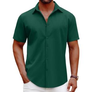 imageCOOFANDY Mens Casual Short Sleeve Button Down Shirts Summer Untucked Wrinkle Free ShirtsDark Green