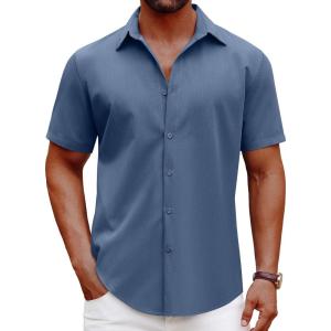 imageCOOFANDY Mens Casual Short Sleeve Button Down Shirts Summer Untucked Wrinkle Free ShirtsDenim Blue