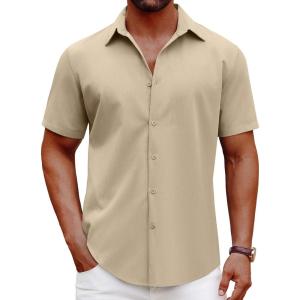 imageCOOFANDY Mens Casual Short Sleeve Button Down Shirts Summer Untucked Wrinkle Free ShirtsLight Khaki