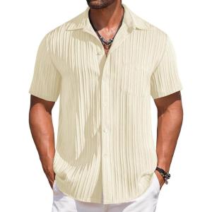 imageCOOFANDY Mens Casual Short Sleeve Button Down Shirts Textured Summer Beach Shirts Hawaiian Floral Vacation ShirtsBeige