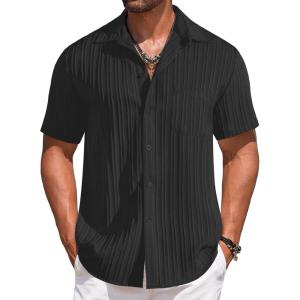 imageCOOFANDY Mens Casual Short Sleeve Button Down Shirts Textured Summer Beach Shirts Hawaiian Floral Vacation ShirtsBlack